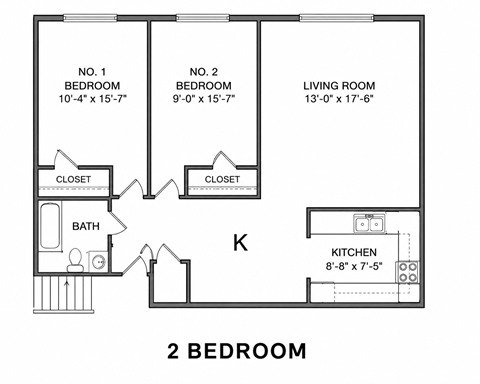 Floor plan for 2 beds, 1 bath, 800 sqft